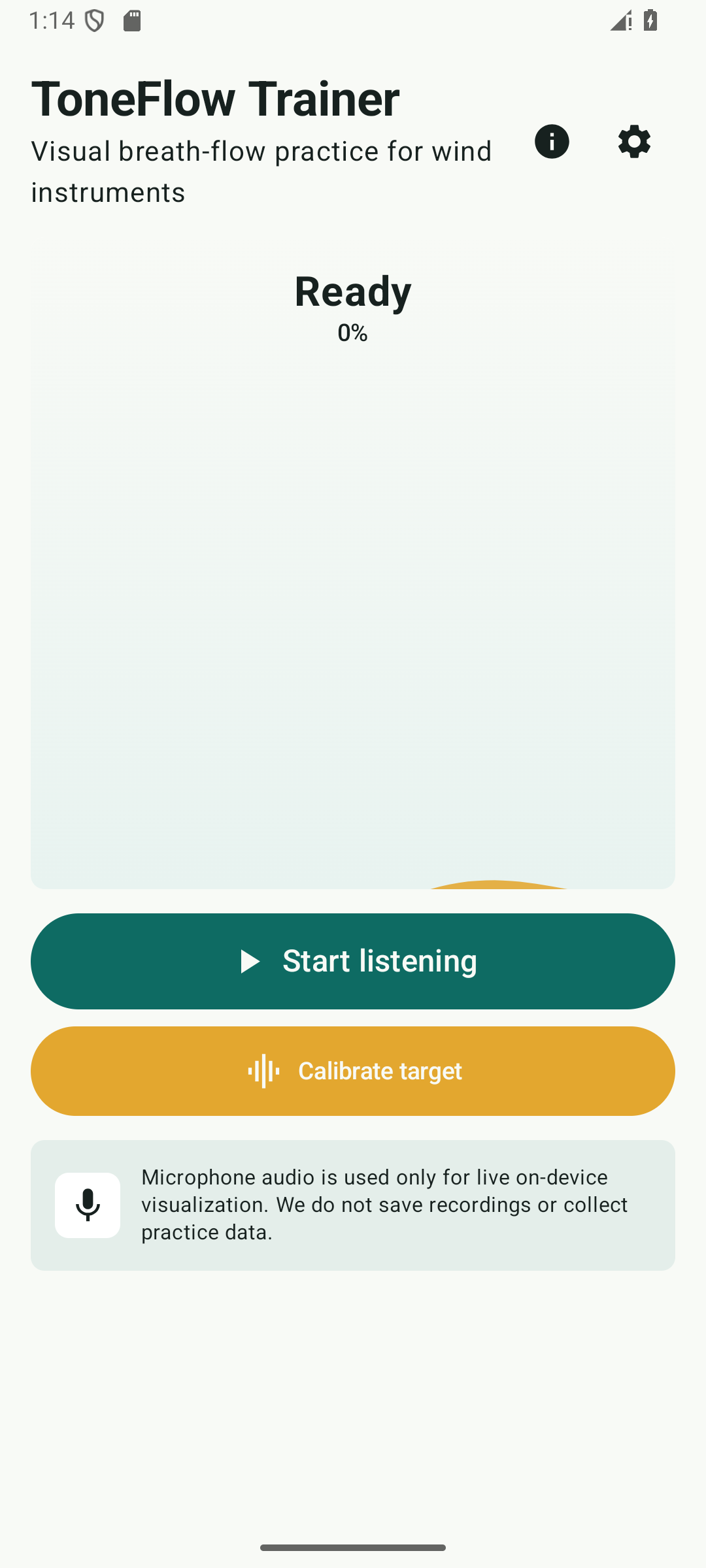 ToneFlow Trainer practice screen with flow visualizer and calibration controls